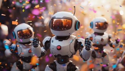 Cute Robots Having Fun Amidst Flying Confetti with Bokeh Background