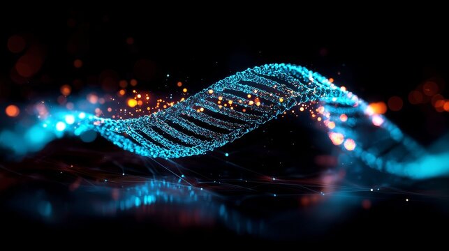 A vibrant, glowing DNA strand with intricate details, conveying the essence of genetic science and technology.