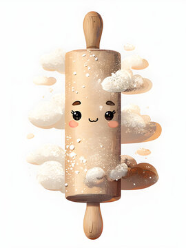 A cheerful rolling pin covered in tiny flour clouds
