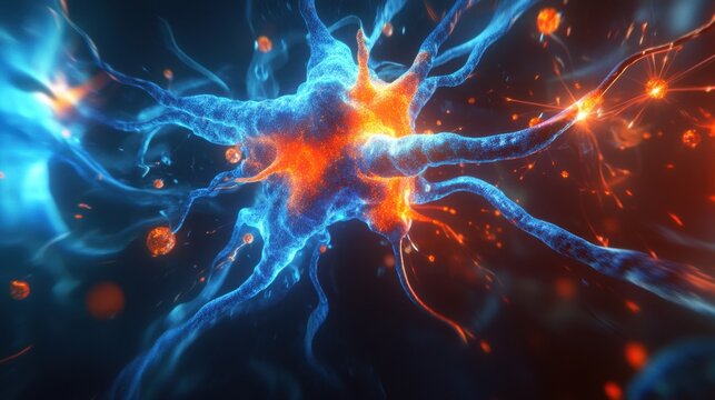 A glowing neural network with vivid blue and orange nodes pulsating with energy, surrounded by subtle light particles and dynamic wave patterns, set against a dark gradient 