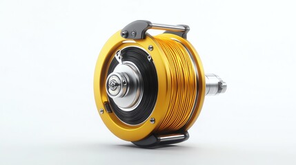 A golden fishing reel isolated on a white background.