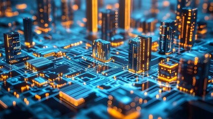 Glowing cyber city with digital patterns integrated into modern buildings