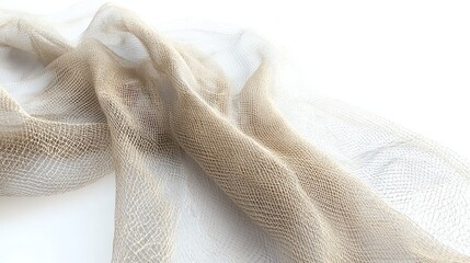 A piece of beige netting, crumpled and lying on a white background.