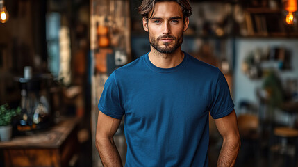 Obraz premium Handsome man in a blue shirt poses confidently in a cozy, rustic cafe during the golden hour of late afternoon. Generative AI