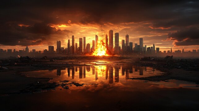 Fototapeta nuclear war  military catastroph concept. Dramatic city skyline engulfed in flames at sunset.