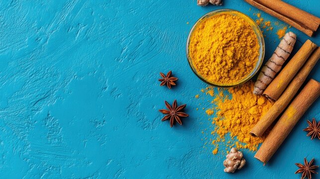 Vibrant Array of Spices on Blue Surface for Culinary Inspiration