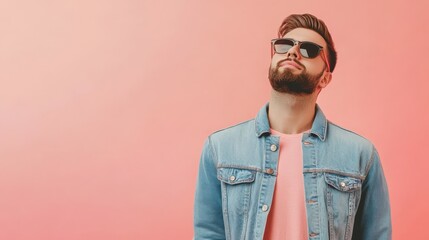 Obraz premium Stylish man in denim jacket and glasses on peach background