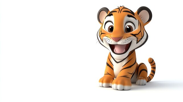 A cute cartoon tiger cub smiles and looks at the camera.