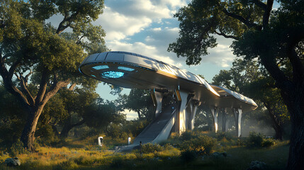Innovative Lightweight Structure with Futuristic Design Inspired by Halo Aesthetics, Integrating Natural Elements in Texas Grasslands