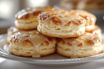 Close-up of freshly baked, glazed pastries on a white plate, perfect for a sweet treat or afternoon snack.