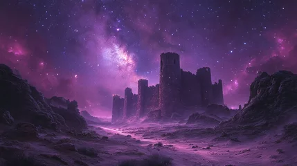 Fototapete Rund Purple nebula sky over a fantasy castle in a desolate, rocky landscape. © Aziz