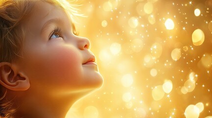 Fototapeta premium Starlit Dreams: Enchanting Portrait of a Child Amid Golden Christmas Lights