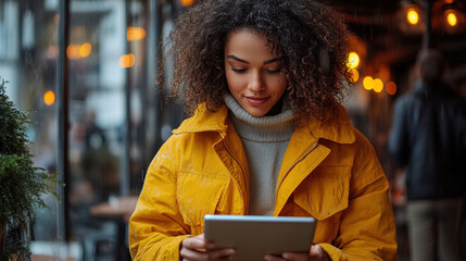 Young woman in yellow jacket using tablet in cozy cafe with warm lighting during autumn afternoon. Generative AI - Powered by Adobe