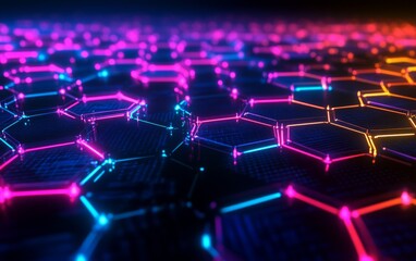 Obraz premium Abstract futuristic background with colorful glowing hexagons on a dark blue background, 