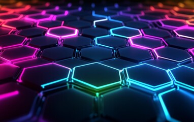Fototapeta premium Abstract futuristic background with colorful glowing hexagons on a dark blue background, 