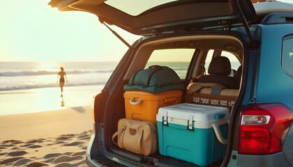 A car packed with gear, ready for a seaside getaway, filled with surfboards, coolers, and beach essentials for a summer adventure