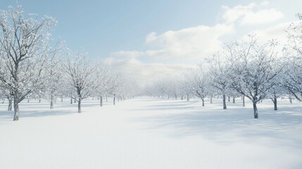 Obraz premium Winter Serenity: Tranquil Snow-Draped Orchard Landscape