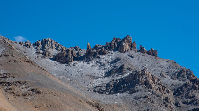 Parvati Mukut, a stone-like structure forming the shape of a crown on the top of a mountain opposite Mount Adi Kailash in Uttarakhand, India