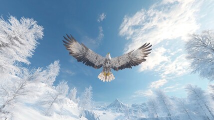 Fototapeta premium Majestic Eagle Soaring Over Snowy Wilderness - Symbol of Freedom and Grace in Winter Wonderland