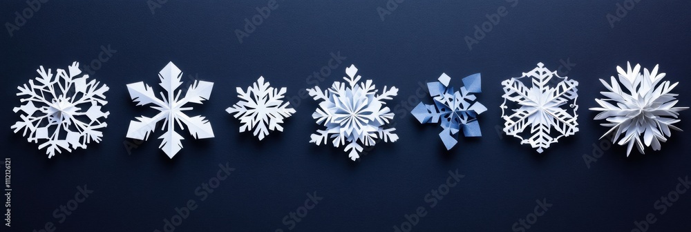 Fototapete delicate handcrafted paper snowflakes are neatly displayed on a dark surface, providing ample blank 