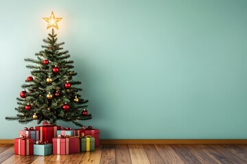 A festive Christmas tree with wrapped gifts underneath, celebrating the holiday spirit.
