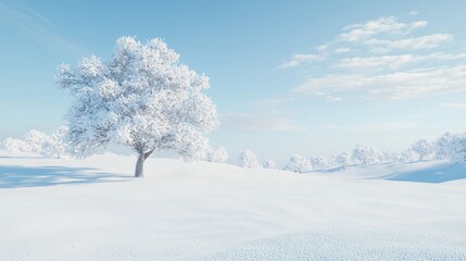 Fototapeta premium Solitude and Resilience: A Lone Snow-Covered Tree in Vast Winter Landscape