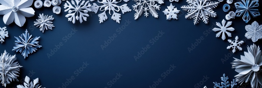 Poster delicate paper snowflakes arranged on a deep blue background offer a charming touch for winter craft