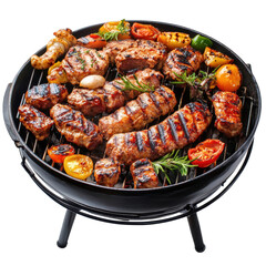 Grilled Meat Delicacies on Charcoal BBQ with Fresh Vegetables