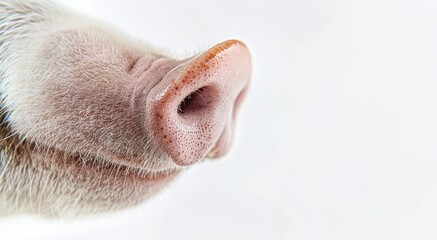 Naklejka premium Close up of a pink pig's snout on white background with copy space.