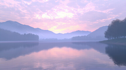 Serene Lakeside at Dawn with Still Water Reflecting Gentle Misty Landscape