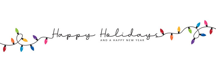 colorful fairy lights happy holidays typography isolated vector illustration