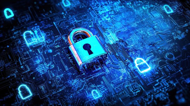 A digital padlock symbolizes data security on a blue circuit board background.
