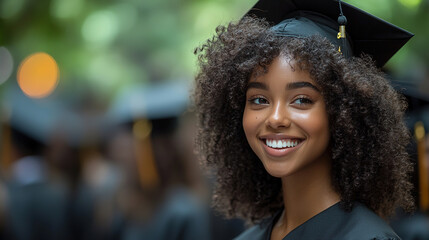 Graduating student smiles proudly during outdoor ceremony with classmates in academic caps and gowns. Generative AI