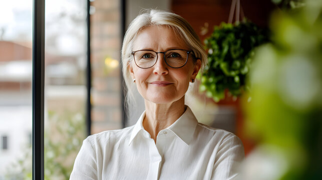 Confident woman smiling in a bright indoor setting with greenery in the background, promoting wellness and positivity