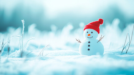 Obraz premium Cheerful snowman with a red knit hat standing in a snowy field surrounded by frosty grass on a bright winter day