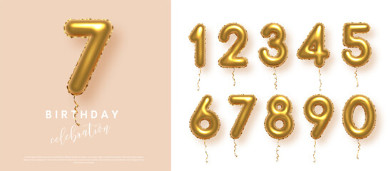 Birthday anniversary golden numbers set template with number 7. Celebration birthday vector background. Gold numbers in form of balloons on beige for party invitation, greeting card, poster, event.