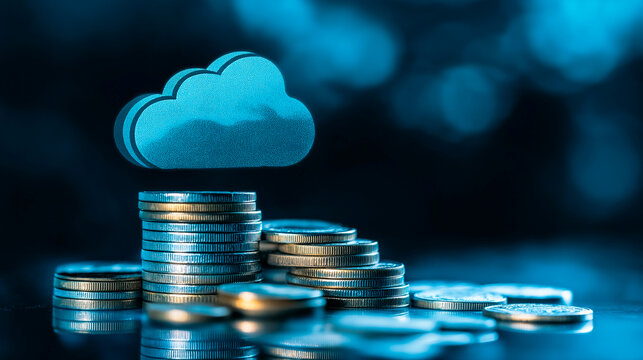 Stacks of golden coins beneath a metallic cloud symbolizing cloud computing and financial growth