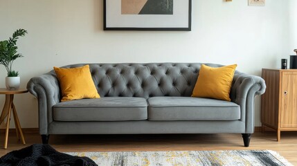 Elegant gray tufted sofa with yellow cushions in a modern living room setting, featuring minimalist decor and warm wooden accents, ideal for home interior designs and decor inspiration.