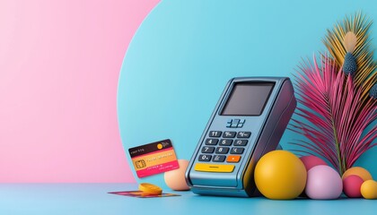 A payment terminal with a credit card, colorful balls and tropical leaves on a vibrant backdrop.