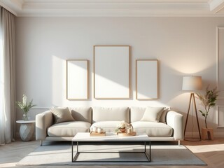 A mockup of minimalist wall art in a gallery-style living room setting, modern, minimalist