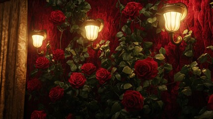 Wall of Red Roses with Warm Lighting