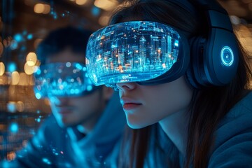  A young woman and man in VR glasses 