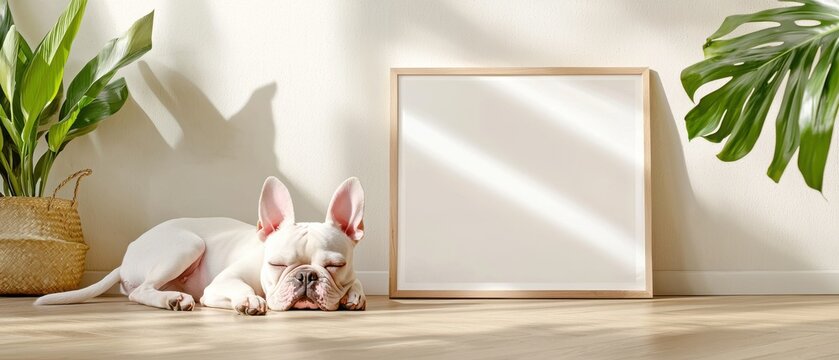 A serene interior with a sleeping dog and a blank frame beside lush plants.