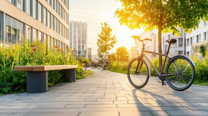 Fototapeta premium A serene urban park scene featuring a bicycle, benches, and vibrant green plants at sunset.