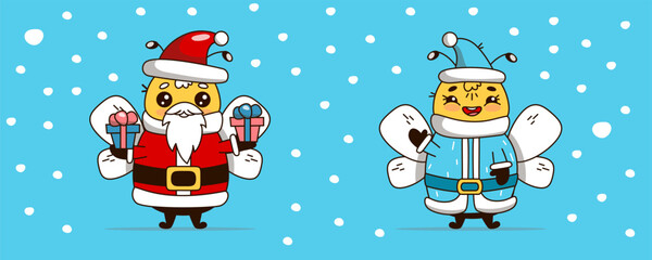 Adorable kawaii-style illustration of two bees dressed as Santa Claus and Snow Maiden. The cheerful characters are perfect for holiday-themed designs, greeting cards, social media, and festive decor.