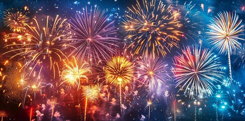 Colorful fireworks of various colors over night cityscape and cloudy sky
