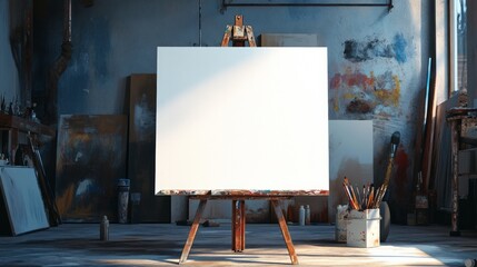 Blank canvas on the art studio. Empty artist canvas on wooden easel 