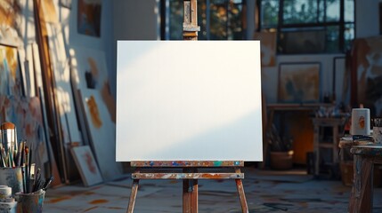 Blank canvas on the art studio. Empty artist canvas on wooden easel 