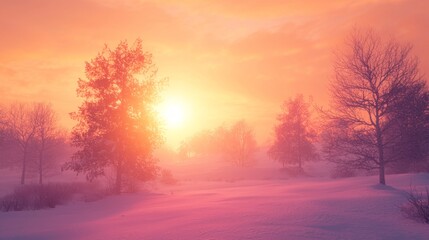 Majestic Winter Sunset: Vibrant Orange and Pink Glow Over Snowy Landscape with Silhouettes of Trees. Ultra-Detailed Scenic View.