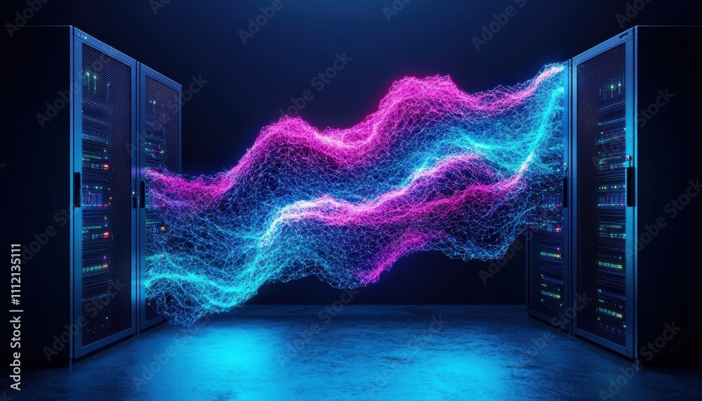 Poster abstract digital data flow between modern server racks in a futuristic environment.